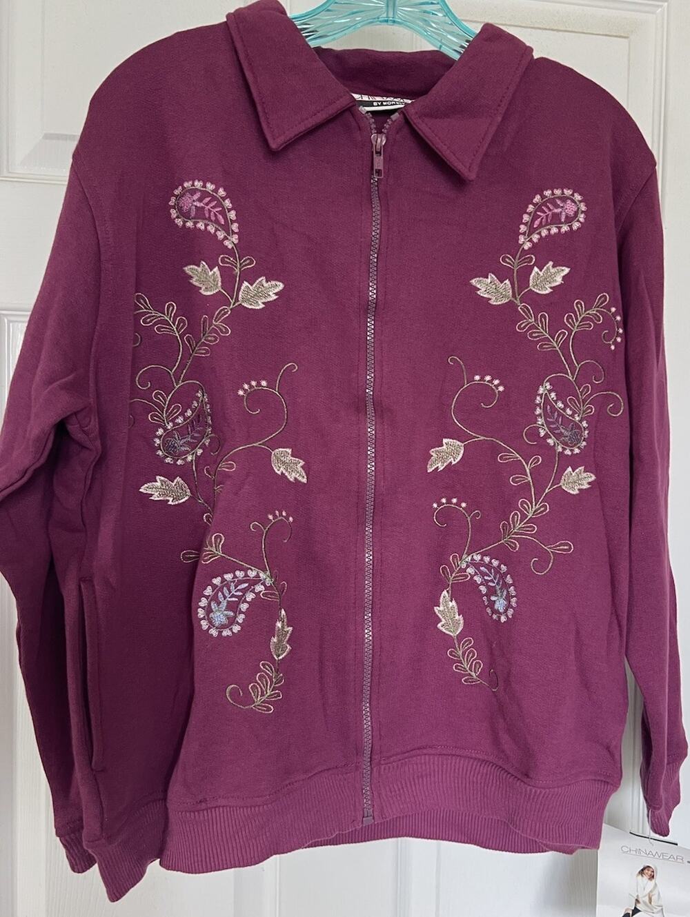 Vintage ChINawear Deadstock Burgundy Red Embroidered Zip Sweatshirt NWT S